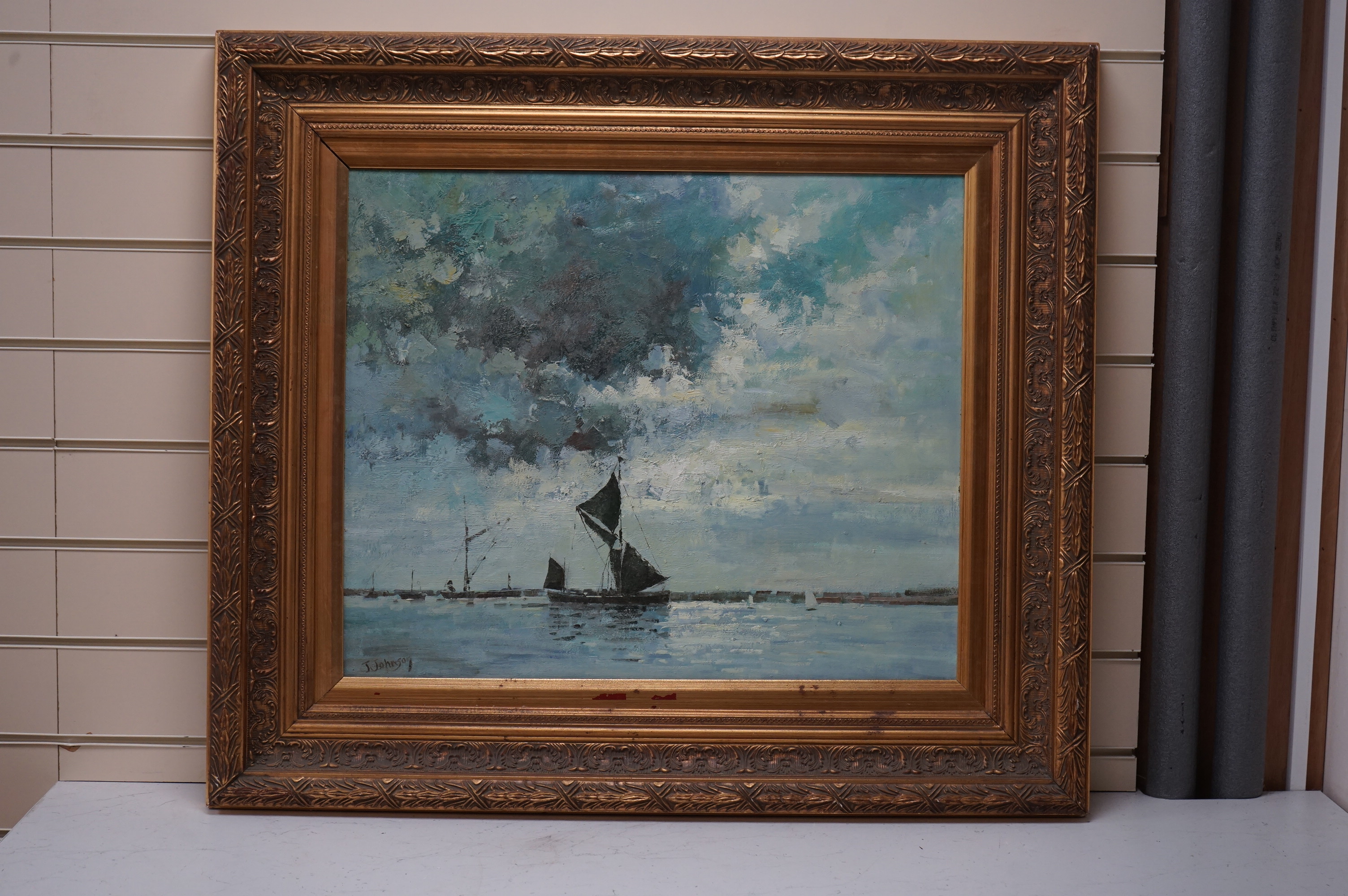 J Johnson, impressionist oil on canvas, Study of boats, signed, 49 x 60cm, ornate gilt frame. Condition - good